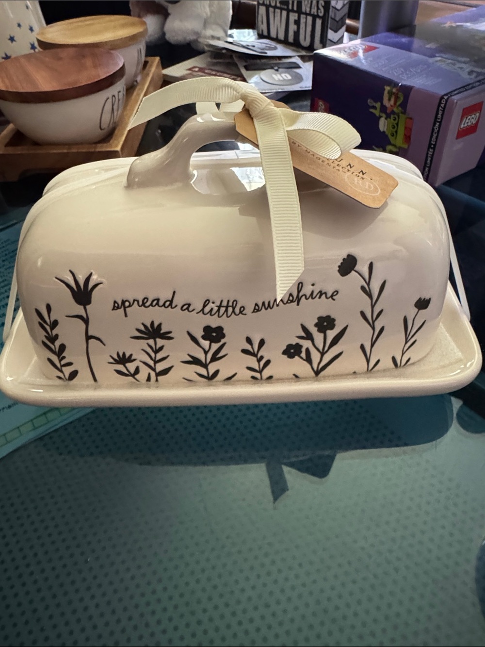 Rae Dunn Cream Ceramic Butter Keeper with Black Floral Script